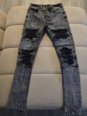 H&M Men's Skinny Ripped Jeans - Washed Gray with Black Panels